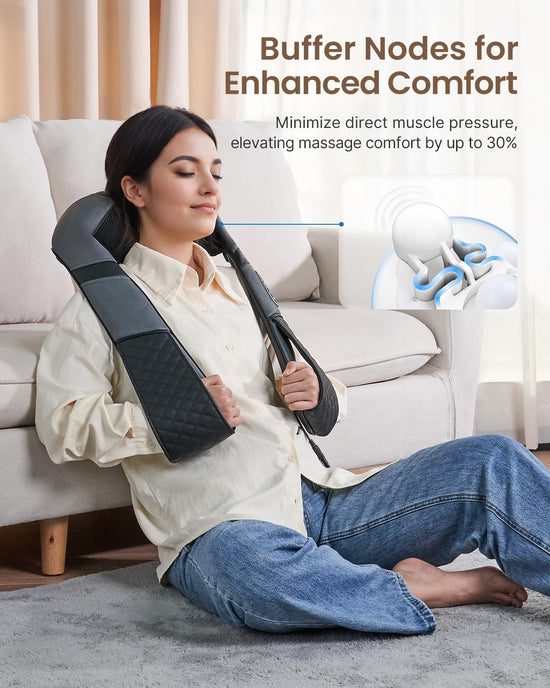 A woman sitting cross-legged on a couch, eyes closed, using a Renpho U-Neck 2 Neck & Shoulders Massager designed for the shoulder and neck. There is a graphic showing the product’s cushioning feature with the text "buffer".