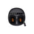 Top view of the Renpho UK Shiatsu Foot Massager Pro + (2nd Generation) in black, featuring two foot slots illuminated by orange lights to indicate heating elements. The top control panel includes buttons for adjustable functions and indicators, while a remote control with multiple function buttons is placed next to it. This device effectively improves circulation. (A)