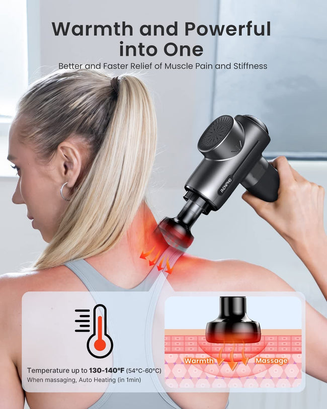 A woman achieving wellness with a Renpho Active Thermal Massage Gun for her health. (A)