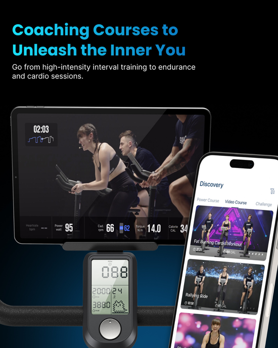 A fitness promotional image showcasing a woman on a Renpho UK AI Smart Bike S screen with stats like heart rate, RPM, and duration. The text at the top reads, "Coaching Courses to Unleash the Inner You." A smartphone displays various workout programs from the AI Gym App, and a close-up shows a digital smart bike monitor.