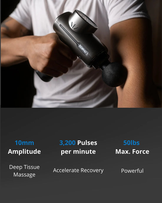 A man is promoting post-workout recovery with a Renpho R3 Active Massage Gun.