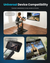 A promotional image showcasing universal device compatibility for exercise equipment. The image features a person on the Renpho UK AI Smart Bike S connected to a Smart TV, a close-up of a smartphone displaying AI Gym App content, and a tablet showing a fitness video. Text reads "Universal Device Compatibility.