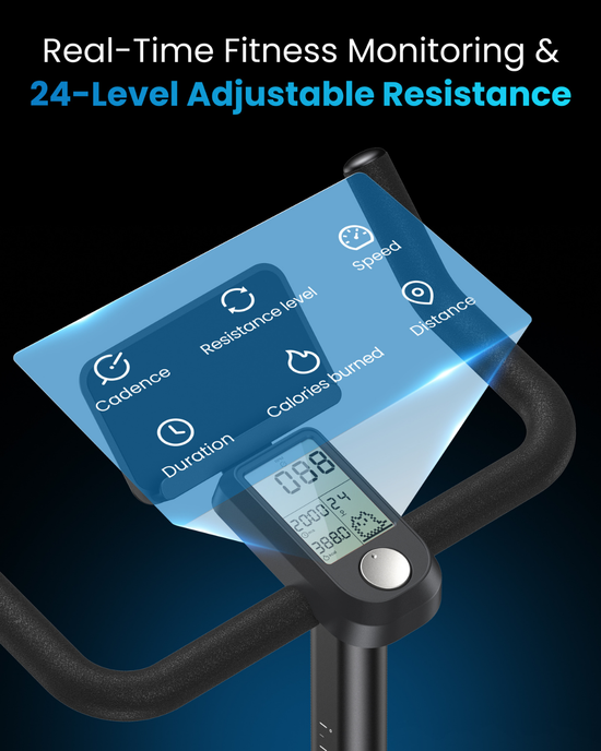 A close-up image of a Renpho UK AI Smart Bike S control panel with a digital display and various control icons. The display shows metrics such as speed, distance, calories burned, duration, cadence, and resistance level. The text highlights features: "Real-Time Fitness Monitoring & 24-Level Adjustable Resistance.