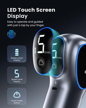 A Renpho REACH Massage Gun with a led touch screen display.(A)