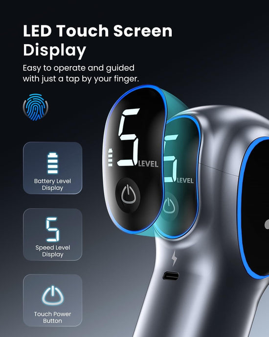 An electric device with a LED touch screen display is shown. The screen displays "5 LEVEL." Icons indicate features like battery level, speed level, and a touch power button. Perfect for relaxation and recovery, the REACH Extend Massage Gun by Renpho UK offers easy operation with finger touch and powerful percussion massage.