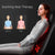 A woman is seated in a high-back chair using the Renpho Massager Chair Pro. Text reads "Soothing Heat Therapy with Customized Back Shiatsu." "Before" and "After" images depict a silhouette: the "Before" in blue with neutral posture and the "After" in red with improved posture. The chair has glowing red heat spots on the backrest.