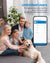 A family is sitting on a couch with their Renpho Elis Aspire Smart Body Scale.