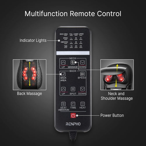 Image of a multifunction remote control for the Massager Chair Pro from Renpho. The remote features various sections for different controls, including Back Area, Speed, Timer, and buttons for Neck, Back, Up/Spot/Down, Vibration, and a Power Button. Customized Back Shiatsu and Adjustable Neck Kneading functions are labeled with indicator lights.