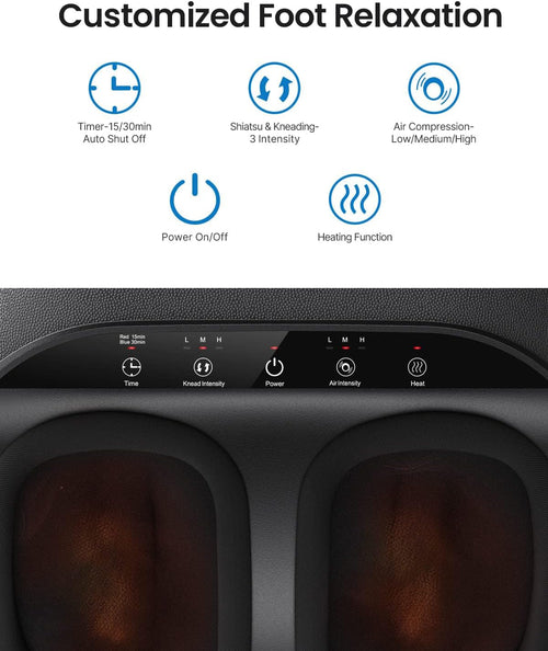 Close-up image of the Shiatsu Foot Massager Pro + (2nd Generation) by Renpho UK, highlighting the control panel. The panel displays options such as 'Timer' with 15/30min auto shut-off, 'Shiatsu & Kneading' with three adjustable intensity levels, 'Air Compression' featuring low/medium/high settings, a ‘Power’ on/off button, and a 'Heating Function.' Massaging chambers are visible below.