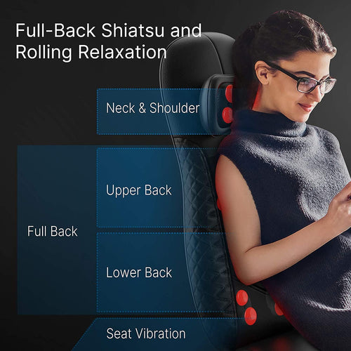 A woman in glasses, wearing a dark sleeveless top, sits on the Renpho Massager Chair Pro. The chair features labeled zones: "Adjustable Neck Kneading," "Upper Back," "Full Back," "Lower Back," and "Seat Vibration." She looks relaxed and engaged with her phone. Text at the top reads, "Full-Back Shiatsu and Rolling Relaxation.