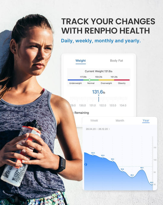 A woman holding a Renpho UK health scale to track fitness and wellness changes.