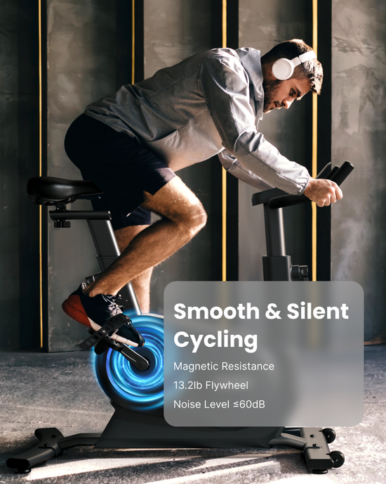 A man intensely cycling on a Renpho UK AI Smart Bike S while wearing headphones. The bike features a glowing blue flywheel, and the man is dressed in a gray jacket and black shorts. The text overlay reads: "Smooth & Silent Indoor Cycling. Magnetic Resistance. 13.2lb Flywheel. Noise Level ≤60dB.