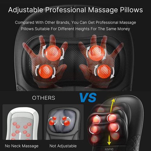 The image features an advertisement for Renpho's Massager Chair Pro. The top section highlights red areas on the device, indicating customizable Shiatsu back points. Below, a comparison is made between "Others" and the Massager Chair Pro, showcasing enhanced adjustability and neck kneading capabilities with soothing heat therapy.