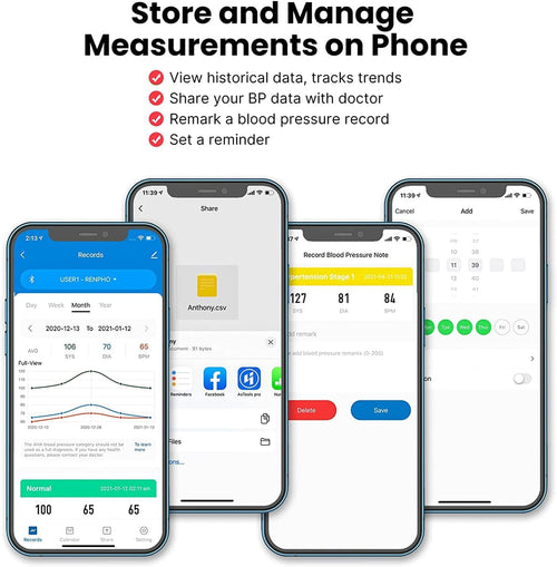 Store and manage measurements on phone using the Renpho Blood Pressure Monitor. (A)