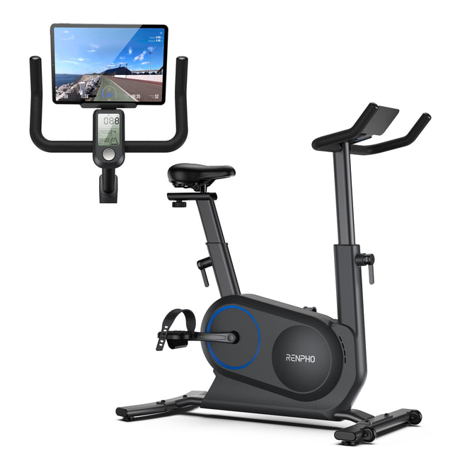 A modern stationary exercise bike with a sleek black design, the Renpho UK AI Smart Bike S features an adjustable seat, handlebars, and pedals with straps. The digital display screen shows workout data while the attached tablet holder displays a scenic route. It integrates seamlessly with the AI Gym App for enhanced indoor cycling experiences. (A)