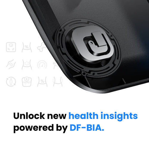 A close-up image of a sensor on the MorphoScan Smart Body Scale by Renpho UK, showcasing intricate internal details. Background icons illustrate various body metrics. The text reads, "Unlock new health insights powered by DF-BIA," in bold black and blue letters at the bottom.