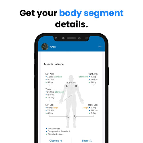 A smartphone screen displays the Renpho UK MorphoScan Smart Body Scale's health app, highlighting "Muscle balance." The app detailedly presents percentages and weight data for the left and right arms, legs, and trunk. Large text above the image reads, "Get your Body Composition Analysis." The user's name is shown at the top as "Ares."
