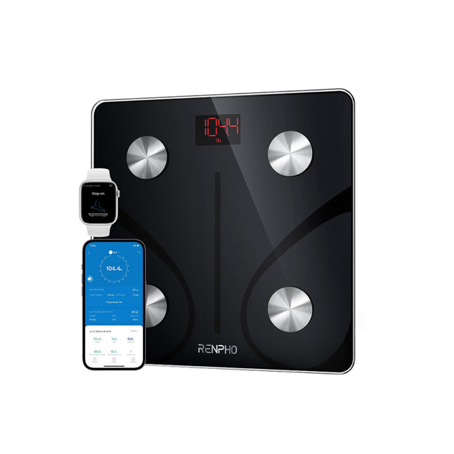 A Renpho Elis 1 Smart Body Scale with a phone next to it for wellness monitoring.(A)