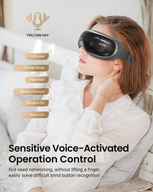 A woman wearing the Renpho Eyeris 3 Eye Massager enjoys the comfort of sensitive voice-activated control.(A)