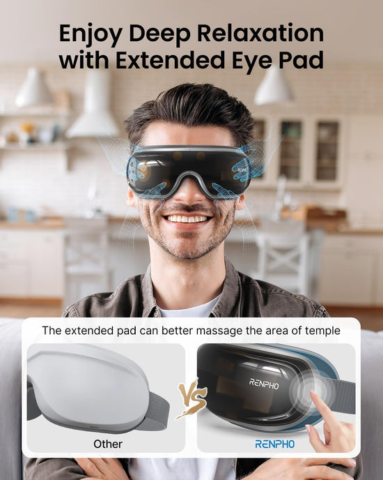 A man wearing the Renpho Eyeris 3 Eye Massager enjoys deep relaxation with an extended eye pad.