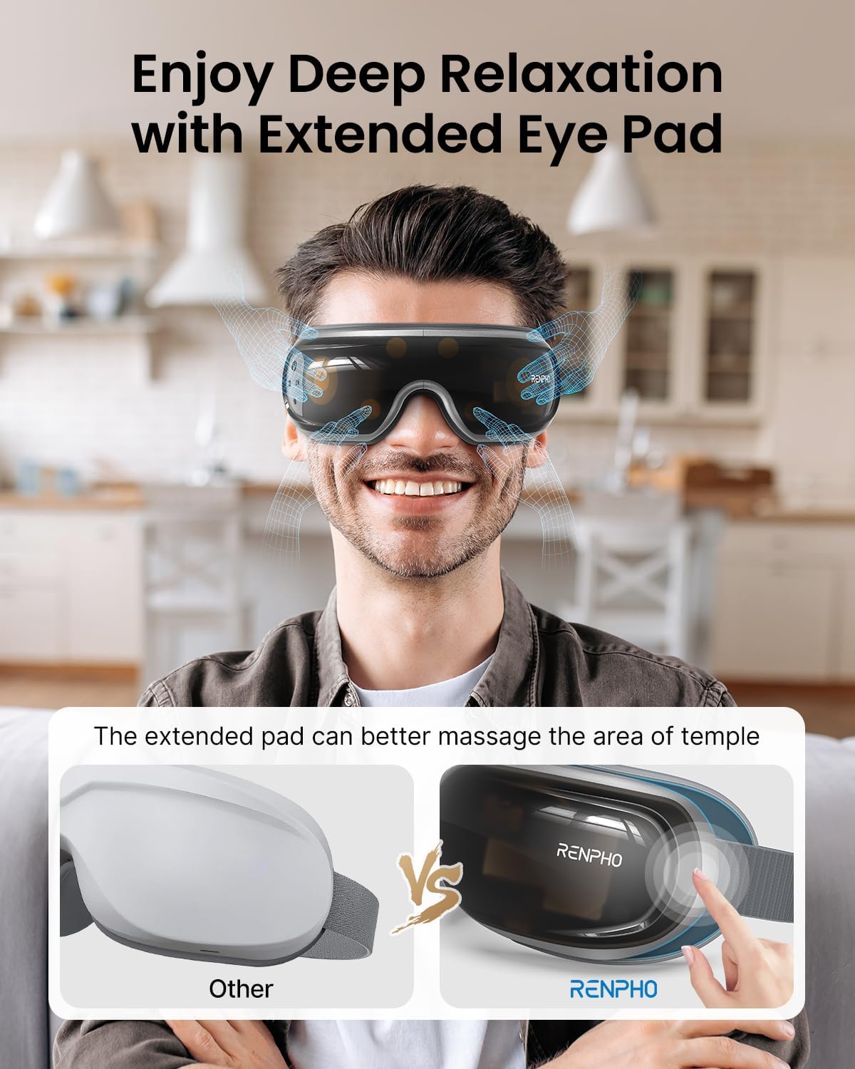 A man wearing the Renpho Eyeris 3 Eye Massager enjoys deep relaxation with an extended eye pad.