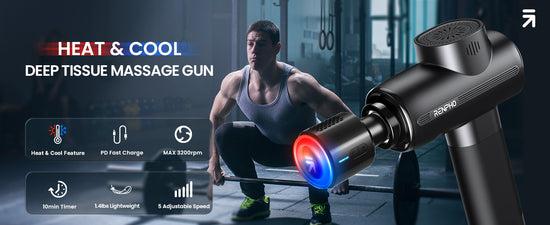 Man using a Renpho UK Active Thermacool deep tissue fitness massager with heat and cool features in a gym setting, promotional details displayed.
