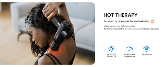 A woman uses a Renpho UK Active Thermacool shoulder heating pad with massager features while sitting on a couch, illustrated features include adjustable temperature and timer settings.