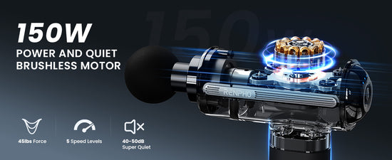 Promotional image of a Renpho UK Active Thermacool massager gun with power and quiet brushless motor features, highlighting its 45lbs force, 5 speed levels, and super quiet operation.