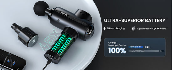 Black Active Thermacool massager gun with detachable battery, usb-c cable, displayed with charging statistics emphasizing fast charging capability by Renpho UK.
