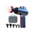 The Renpho Active Thermal Massage Gun, predominantly black and blue, features red light therapy for muscle relaxation. Displayed below are five interchangeable attachment heads and a gray carrying case adorned with a blue logo. One of the attachment heads is glowing red, indicating its heating function. The background is white.  (A)