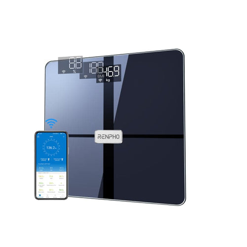 A Renpho Elis Aspire Smart Body Scale (Black) promoting fitness and health with a smart phone nearby.(A)