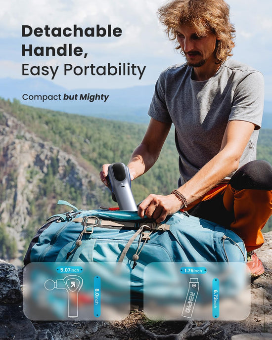 A person with long hair is sitting outdoors on a rocky surface, assembling or packing a portable vacuum cleaner and a Renpho UK REACH Extend Massage Gun into a blue hiking backpack. The image highlights features like "Detachable Handle, Easy Portability" and displays the compact dimensions of the vacuum cleaner with measurements.