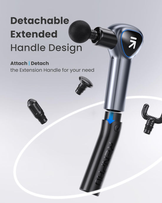 Image of a metallic gray Renpho UK REACH Extend Massage Gun showcasing its detachable extended handle design. The top section features a rounded black massage head, perfect for relaxation and recovery. Arrows indicate the click mechanism for attaching and detaching the extension handle. Text highlights "Powerful Percussion Massage" and "Attach | Detach the Extension Handle as Needed.