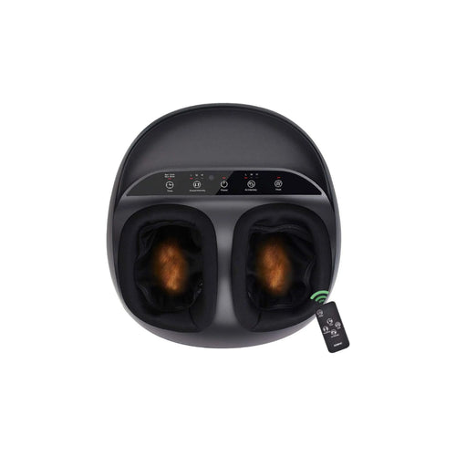 Top view of the Renpho UK Shiatsu Foot Massager Pro + (2nd Generation) in black, featuring two foot slots illuminated by orange lights to indicate heating elements. The top control panel includes buttons for adjustable functions and indicators, while a remote control with multiple function buttons is placed next to it. This device effectively improves circulation. (A)