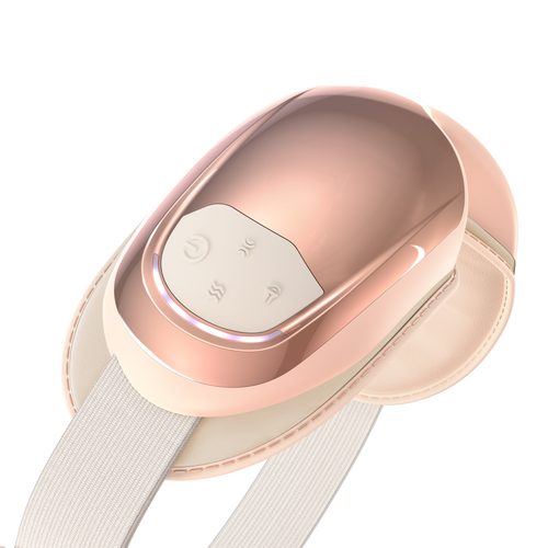 Introducing the Renpho Eyeris 3 Rosé Eye Massager, a sleek and ergonomically designed electronic heating pad in a sophisticated peach color. This eye massager boasts a smooth, glossy finish and features an intuitive control panel with three buttons: a power button and two settings buttons. It comes attached to a flexible white strap for secure placement, making it ideal for enhancing your eye care routines. (A)