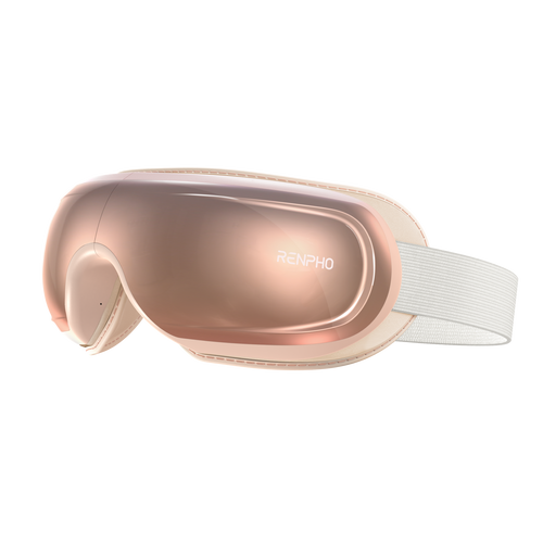 A pair of sleek, metallic pink Eyeris 3 Rosé Eye Massager goggles with a white adjustable strap from Renpho. Combining eye care and acupressure, the goggles feature a smooth, curved design and a reflective surface on the front. The brand name "Renpho" is displayed on the right side of the goggles. (A)