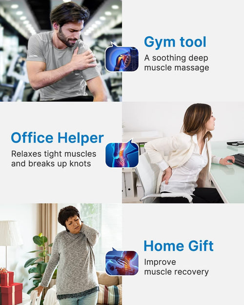 A three-panel image depicts people using the Renpho Active Massage Gun. Top: A bearded man in a gym holding his shoulder, labeled "Gym Tool: Enjoy a soothing deep tissue massage." Middle: A woman at a desk stretching her neck, labeled "Office Helper: Relieve tight muscles and break up knots." Bottom: An older woman at home massaging her shoulder, labeled "Home Gift: Enhance muscle recovery.