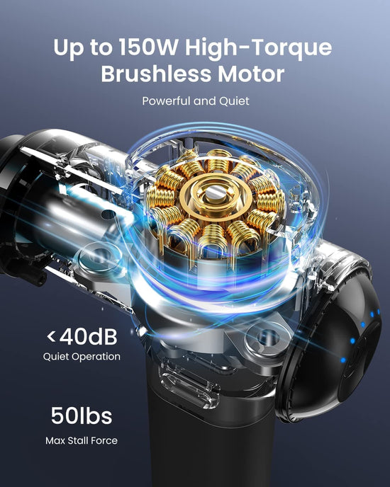 A high-tech image showcases the inner workings of Renpho's Active Thermal Massage Gun, featuring a 150W high-torque brushless motor. The labeled features include "Up to 150W High-Torque Brushless Motor" and emphasize its "Powerful and Quiet" performance, offering "<40dB Quiet Operation," and "50lbs Max Stall Force." With its sleek, futuristic design, this massage gun is perfect for muscle relaxation.