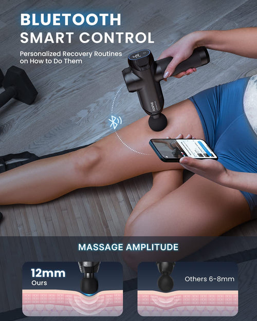 A person in workout attire sits on a mat, using the Renpho Power Massage Gun on their thigh while holding a smartphone displaying app controls. The image features text about Bluetooth smart control and a comparison graphic showing the 12mm massage amplitude of the Renpho Power Massage Gun versus 6-8mm for other brands, highlighting its effectiveness for muscle soreness relief.