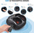 Image of the Renpho UK Shiatsu Foot Massager Pro + (2nd Generation) showcasing five labeled features: 1) Touch Panel with a finger pressing a button. 2) Removable and washable foot liners with a hand detaching them. 3) Power interface located at the back. 4) Non-slip rubber pad on the base for stability. 5) Bottom heat dissipation vents to improve circulation, with functionalities such as heated foot massage and adjustable settings, plus an included remote control.